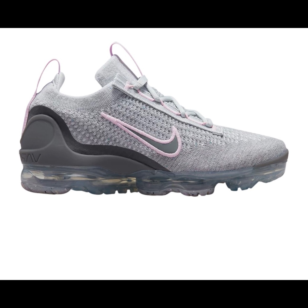 Nike Air VaporMax 2021 Flyknit Big Kids’. Pure Platinum/Pink Foam.